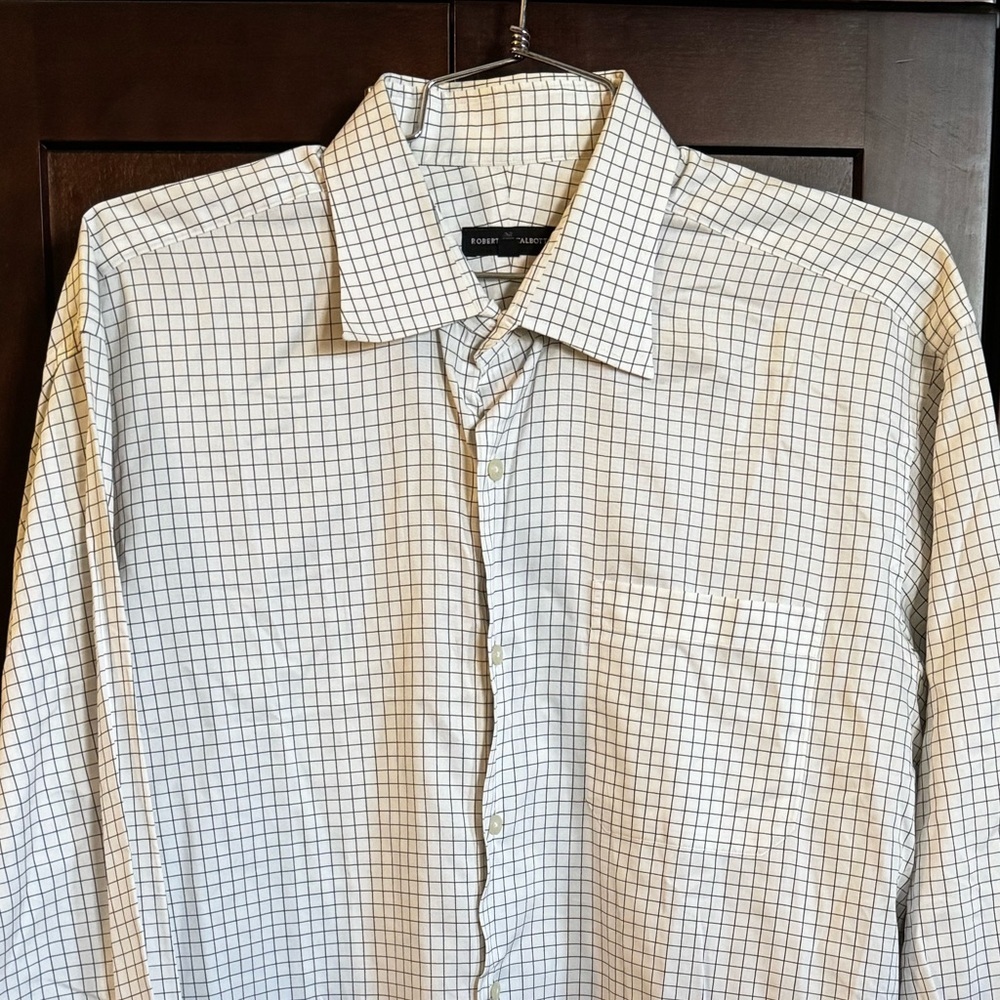 17X34 Robert Talbott White and Charcoal Checkered Shirt‎